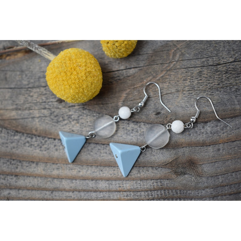 Baby blue pyramid and clear glass beaded dangle earrings